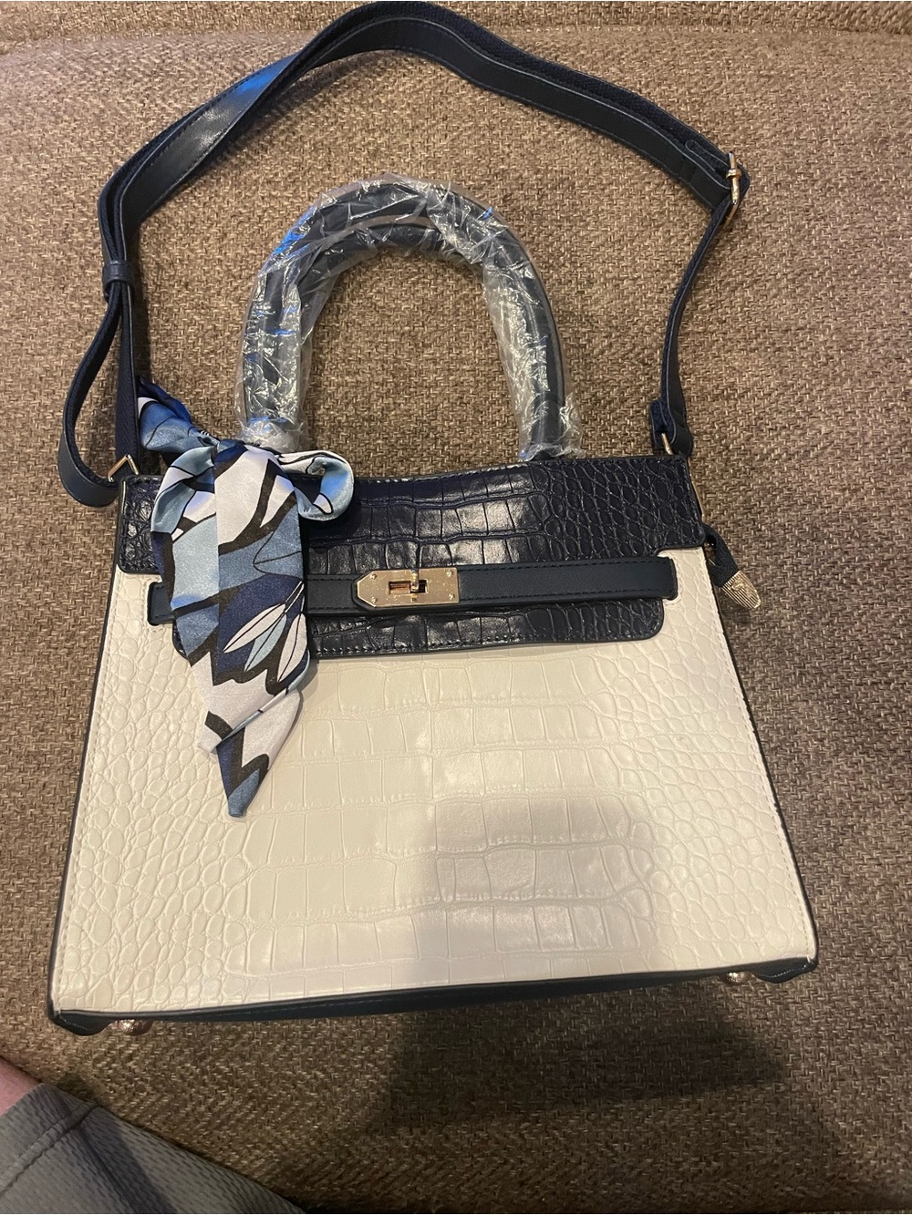 Structured Two-Tone Croc-Embossed Kellyish - Navy & Cream